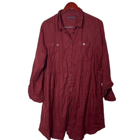Gudrun Sjoden burgundy 100% linen button front mini dress sz M - Picture 1 of 8